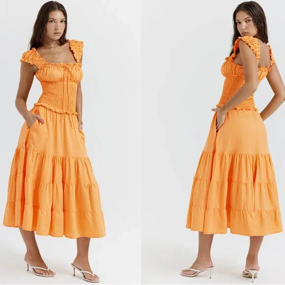 House of CB 'Phedra' Tangerine Shirred Maxi Sundress NWOT - Picture 4 of 10